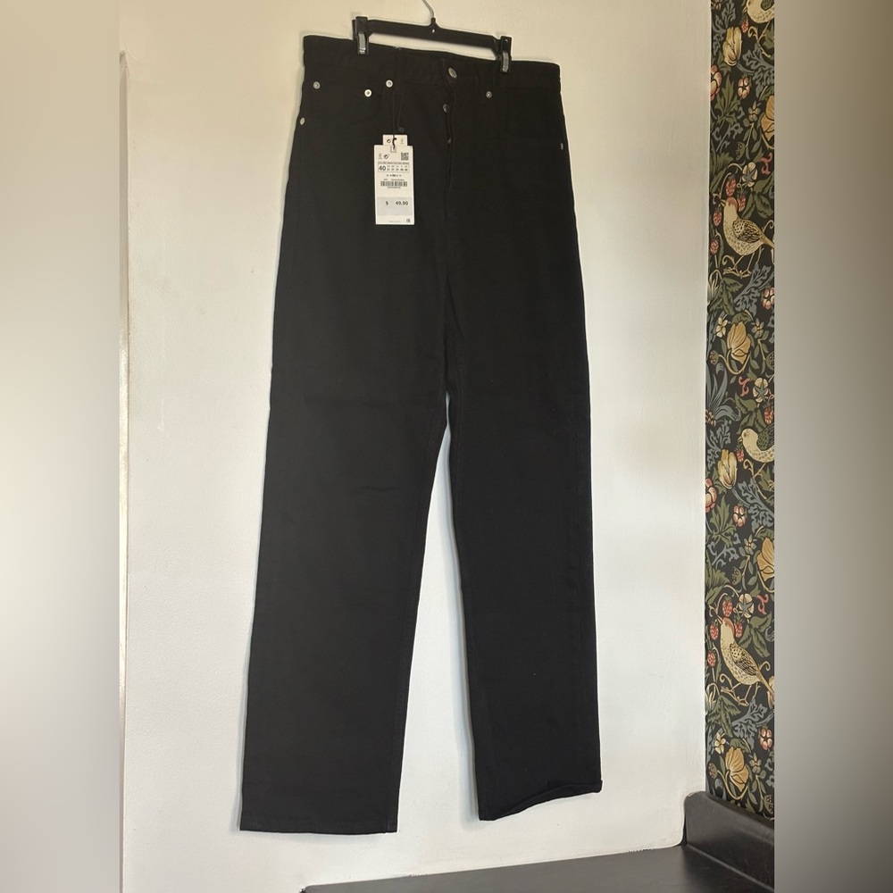 Zara women’s black wide fit denim jeans sz 31 (8) New button up